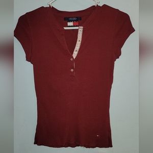 Vintage Tommy Hilfiger red ribbed T Shirt detailed button down Short Sleeve Med